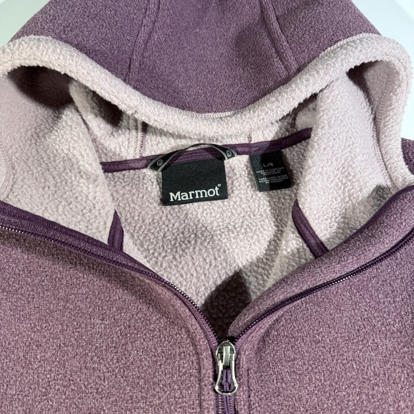 Marmot Women’s Fleece Hoodie Jacket Purple L Zip Front Embroidered Sleeve Warm