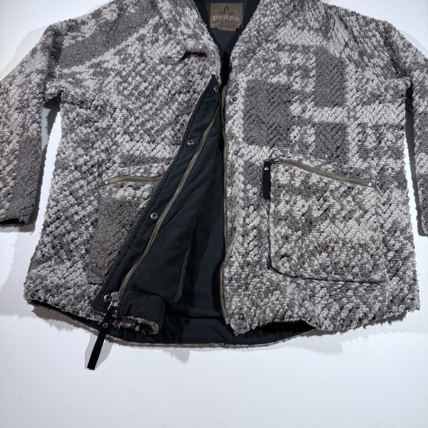 prAna Women’s Wool Blend Jacket Small Gray Knit Zip Front Pockets Boho Sweater