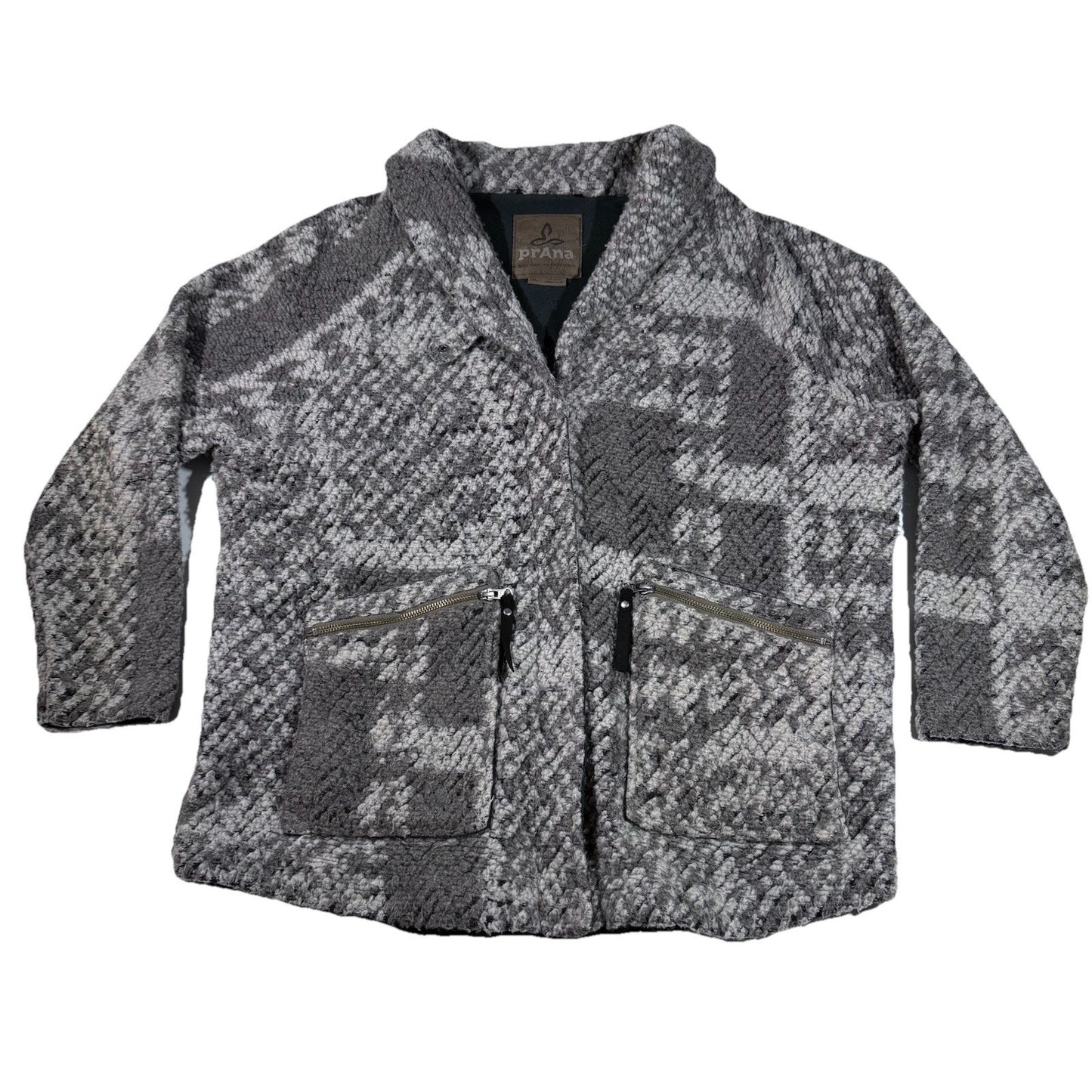 prAna Women’s Wool Blend Jacket Small Gray Knit Zip Front Pockets Boho Sweater