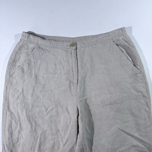 LL Bean Womens 100% Linen Canvas Pants Beige Khaki Straight Leg Pull On 12