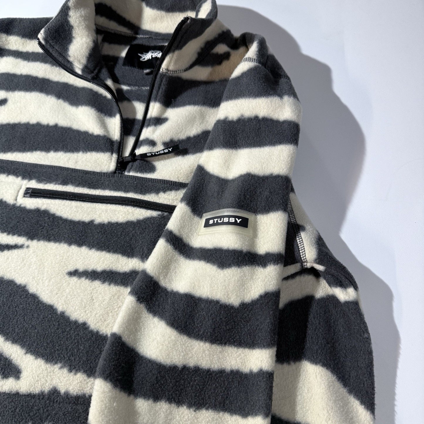 Stüssy Zebra Print Fleece Pullover Jacket Men’s Medium Black White Quarter Zip