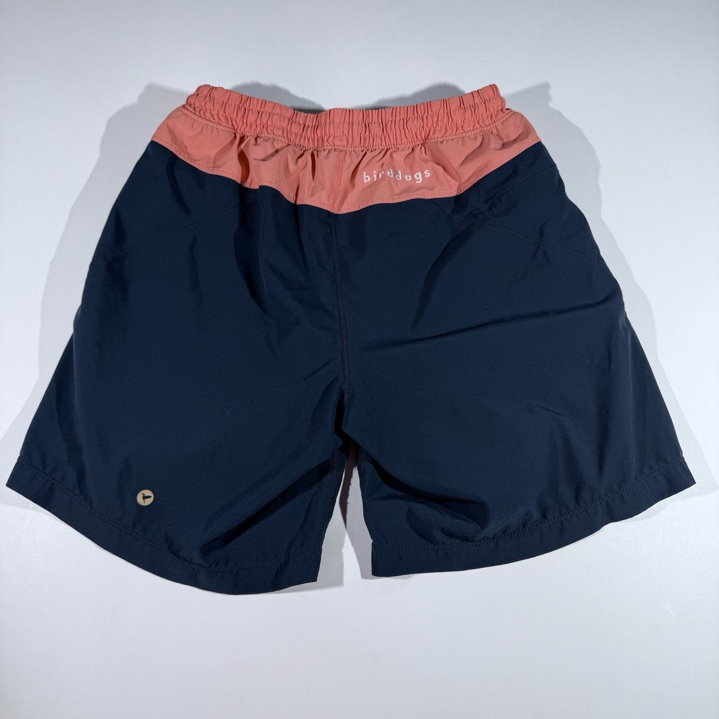 Birddogs Men’s Athletic Shorts Medium Navy Coral Trim Built-in Liner Gym Swim