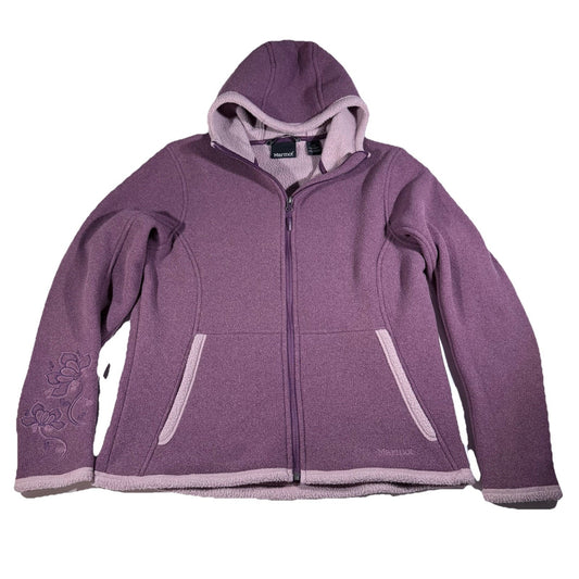 Marmot Women’s Fleece Hoodie Jacket Purple L Zip Front Embroidered Sleeve Warm