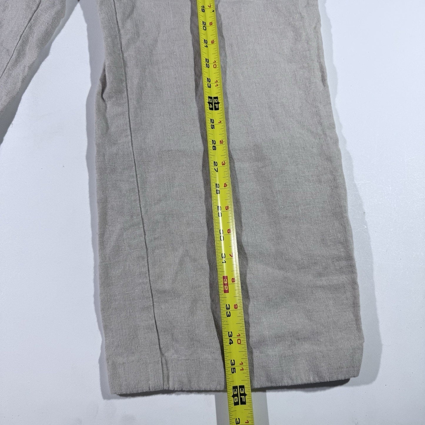 LL Bean Womens 100% Linen Canvas Pants Beige Khaki Straight Leg Pull On 12