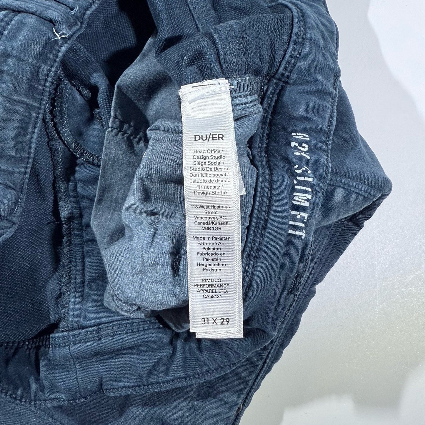 DU/ER DUER 31x29 No Sweat Jogger Pants Ink Blue N2X Slim Fit Outdoor Hike Bike