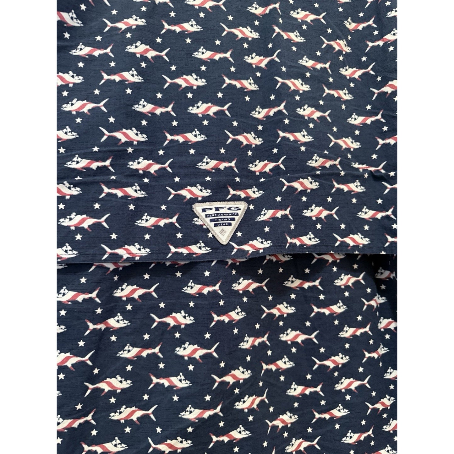 Columbia PFG Short Sleeve Fishing Shirt Blue w/Paint Tuna & Stars Men’s Large