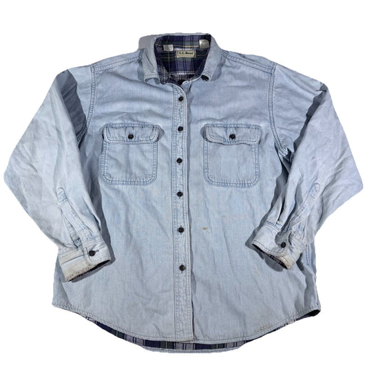 L.L. Bean Women’s Large Denim Shirt Jacket Flannel Lined Light Wash Vintage 90s