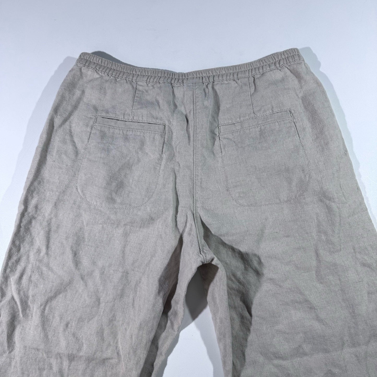 LL Bean Womens 100% Linen Canvas Pants Beige Khaki Straight Leg Pull On 12