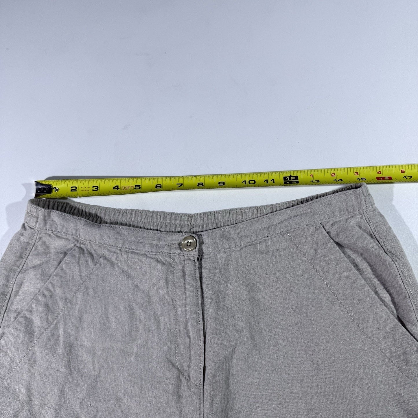 LL Bean Womens 100% Linen Canvas Pants Beige Khaki Straight Leg Pull On 12