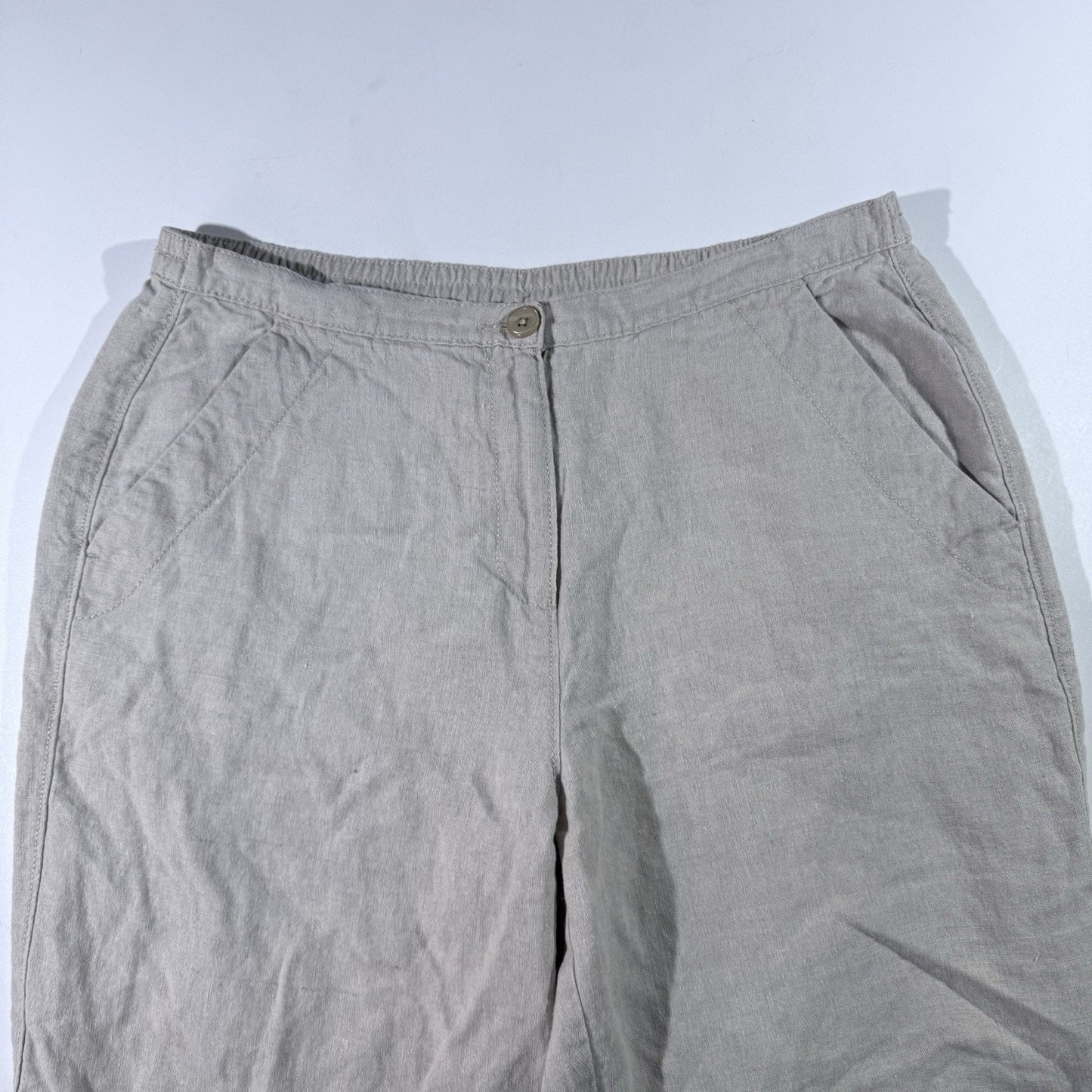 LL Bean Womens 100% Linen Canvas Pants Beige Khaki Straight Leg Pull On 12