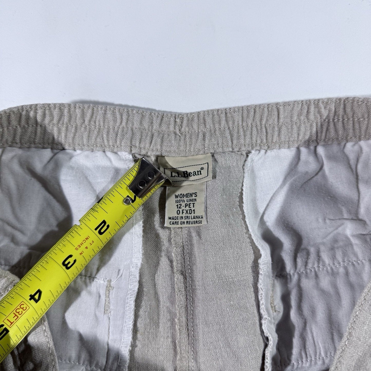 LL Bean Womens 100% Linen Canvas Pants Beige Khaki Straight Leg Pull On 12