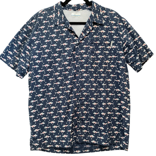 Columbia PFG Short Sleeve Fishing Shirt Blue w/Paint Tuna & Stars Men’s Large