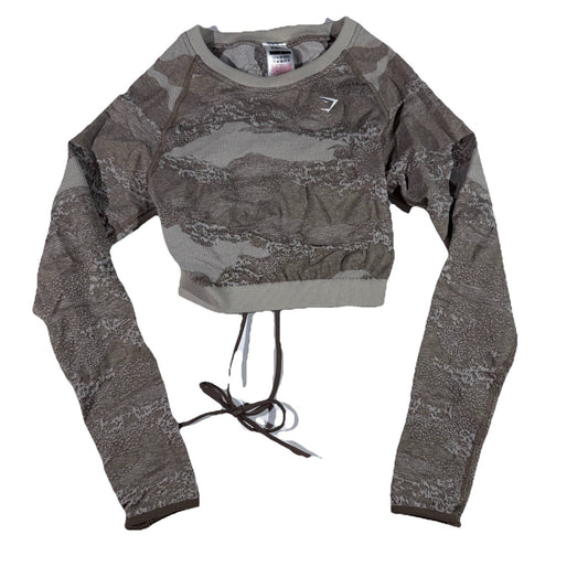 Gymshark Adapt Camo Seamless Lace Back Long Sleeve Crop Top Womens Small Taupe