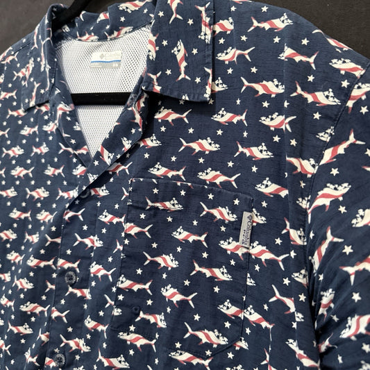 Columbia PFG Short Sleeve Fishing Shirt Blue w/Paint Tuna & Stars Men’s Large