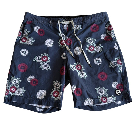 Vuori Shorts Mens 33 Navy Blue Floral Board Swim Trunks Stretch Drawstring Beach